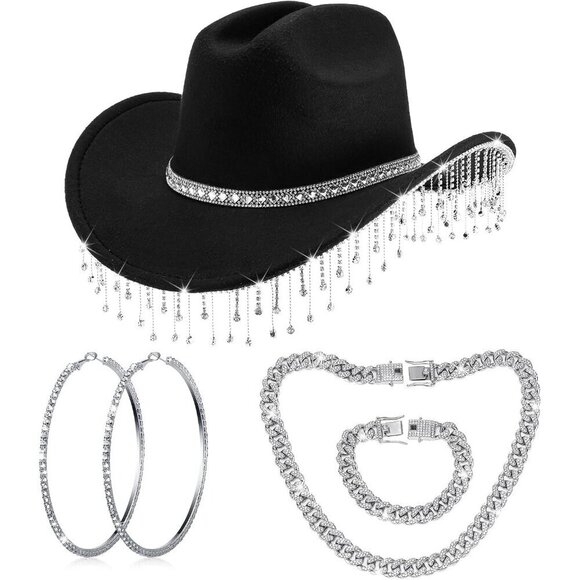 Rhinestone Cowboy Hat Felt Accessories Set Women Western Bling Jewelry main image 4